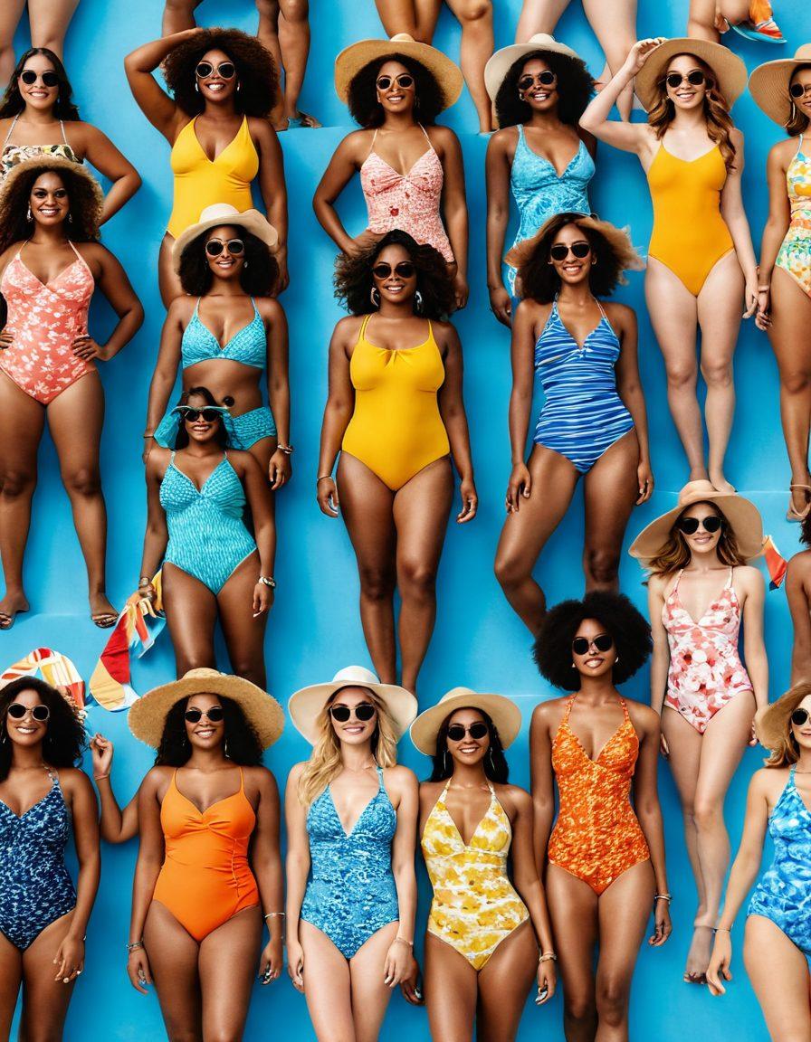 A vibrant beach scene showcasing diverse women confidently wearing stylish bikinis and one-pieces, celebrating various body types. Each swimsuit style is uniquely designed, highlighting different colors and patterns, with accessories like beach hats and sunglasses. The background features a sunny sky and ocean waves, adding a joyful, summer vibe. Include a subtle touch of various body shapes and sizes to emphasize inclusivity. vivid colors. bright summer theme.