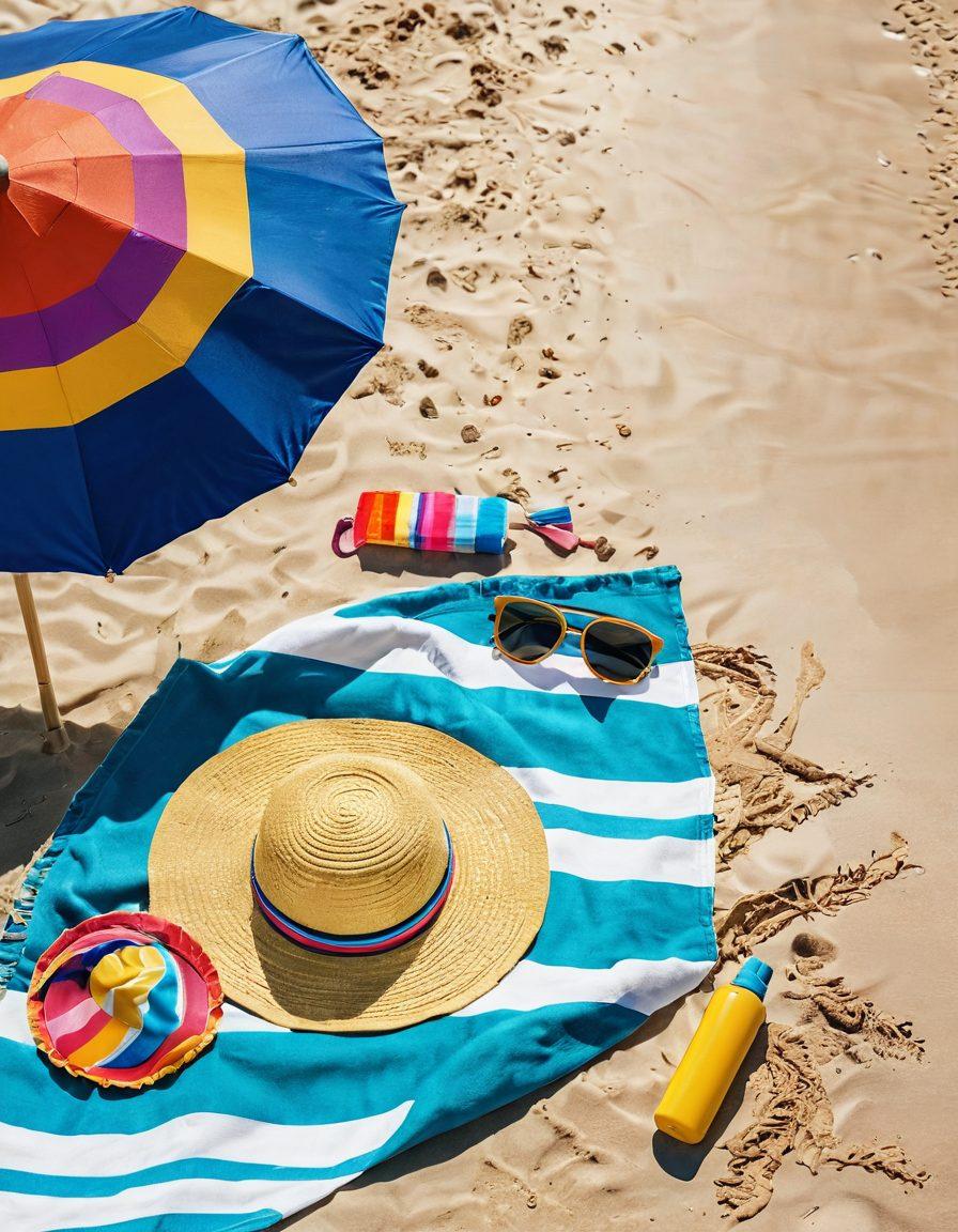 A stylish beach scene featuring a sunhat, oversized sunglasses, and a colorful beach towel spread out on the sand. Include a vibrant beach umbrella casting shade and a fashionable tote bag beside a sunscreen bottle. The ocean waves gently lapping at the shore in the background, with sunbathers enjoying their summer day. Bright and cheerful colors, emphasizing a summer vibe. super-realistic. vibrant colors. white background.